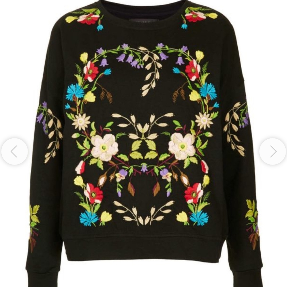 Topshop Black Embroidered Floral Top Size 6